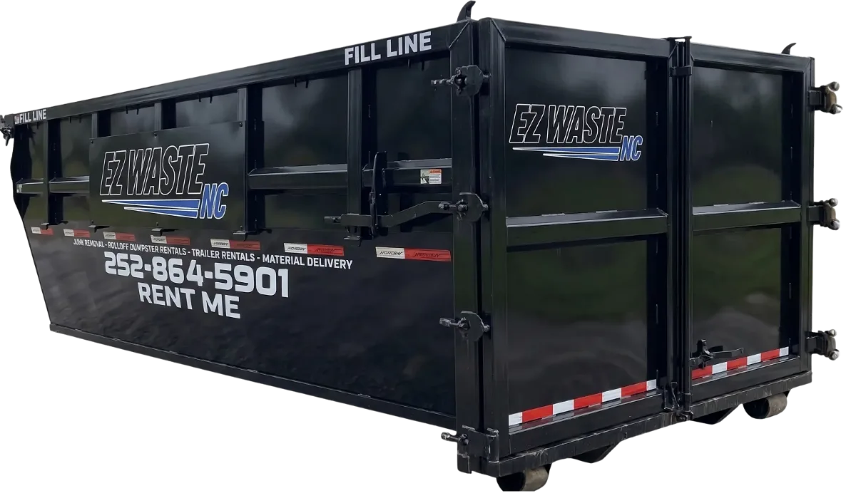 Black 20-yard EZ Waste roll-off dumpster, side view