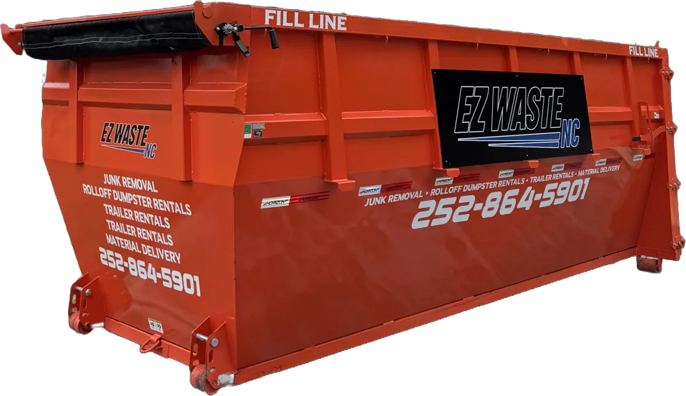 Orange EZ Waste roll-off dumpster with the phone number 252-864-5901 painted on the side